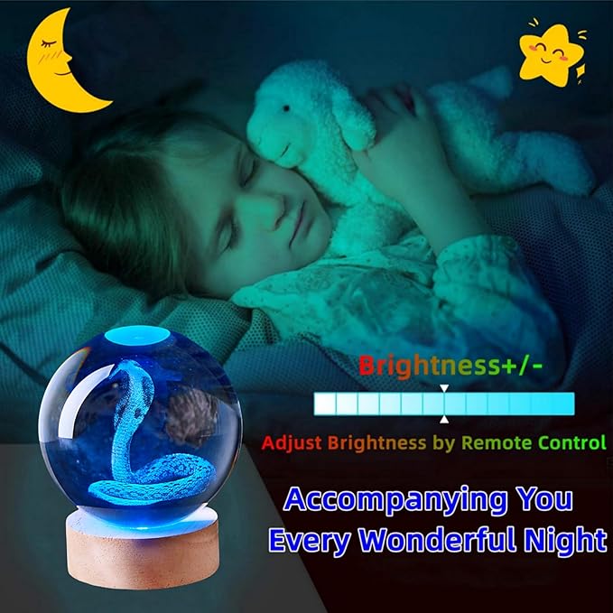 3D Large Snake Crystal Ball Night Light with Wooden Base, Cobra Crystal Lamp Gift for Kids Wife Friends, 16 Color Changing with Remote Control, Laser Engraved 3.15 inch Glass Ball Lamp (Snake) - Bloomnest