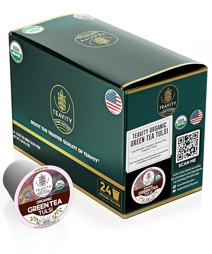 Organic Tulsi Tea Pods with Unsweetened Caffeinated Green Tea Pods for Keurig - Tulsi Green Tea by Teavity (24 Tea Pods) - Bloomnest