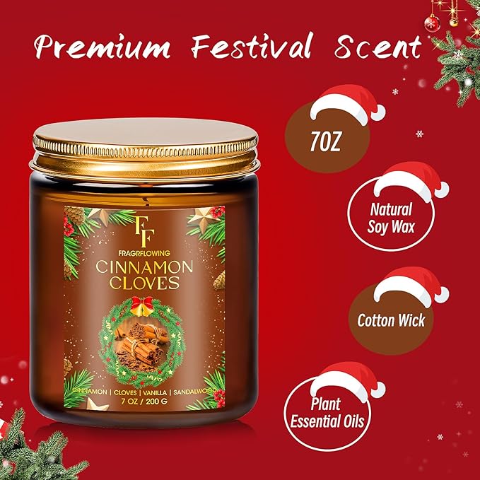 Christmas Candle, Cinnamon Cloves Scented Candles for Home, Holiday Candles Natural Soy Candle, Aromatherapy Candle 7 oz Jar Candles Christmas Gifts for Women Men - Bloomnest