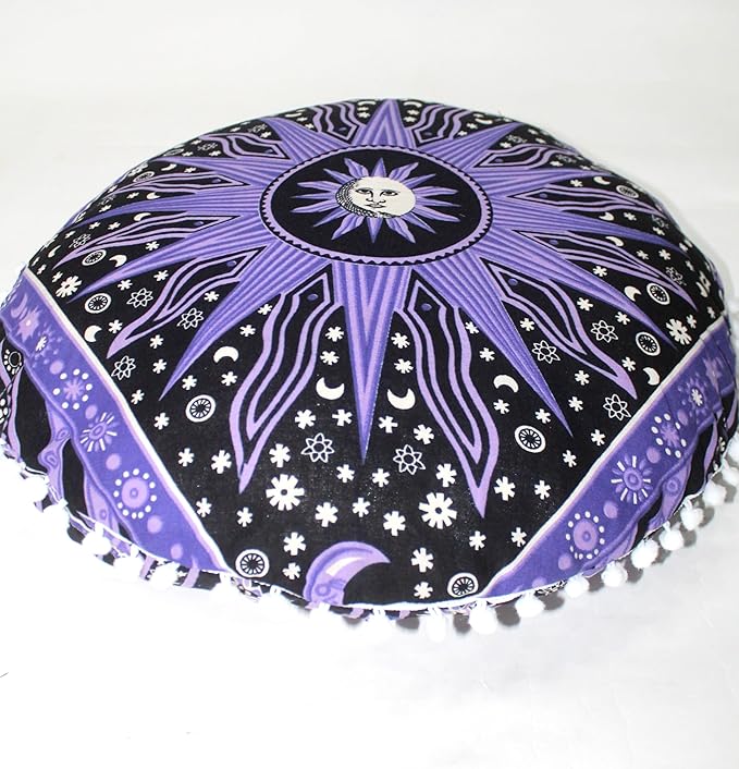 CRAFT KALA Large Round Bohemian Floor Pillow Pouf Cover Mandala Meditation Room Pillow Cover for Adults Boho Seating Poufs Cushion Cover for Kids Playroom 32" Round Purple Burning Sun - Bloomnest