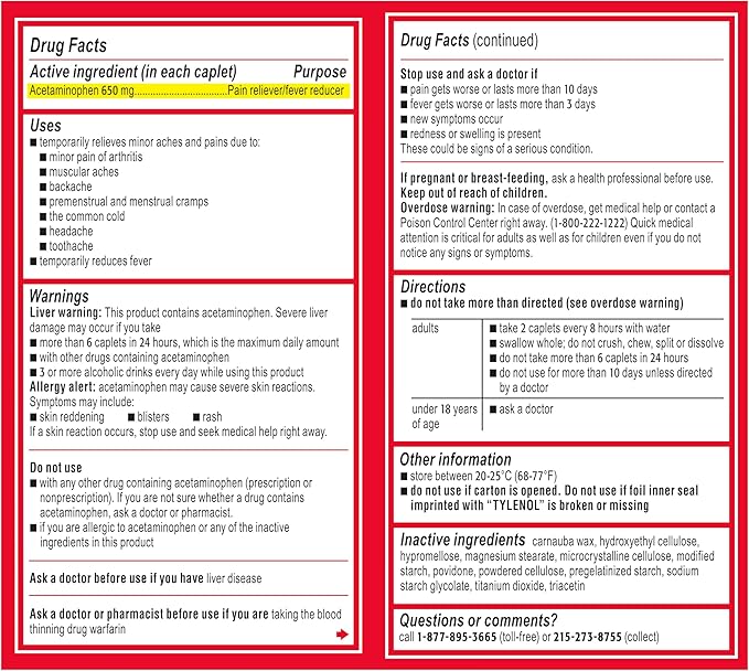 Tylenol Acetaminophen 650mg Extended Release Caplets, 8 Hour Arthritis Pain Relief, Joint Pain Reliever, Fever Reducer, Fast & Long-Lasting Relief, Oral Medicine for Minor Aches, 225 Count - Bloomnest