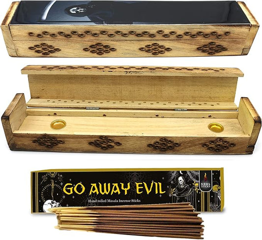 SOUL STICKS Handmade Carved Incense Burner Wooden Coffin Box with Storage Includes Go Away Evil Incense Sticks (Grim Reaper) - Bloomnest