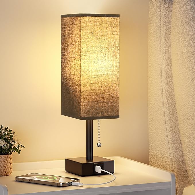Black Small Table Lamp for Bedroom - 3 Color Temperature 3000K 5000K 4000K Bedside Lamp, Pull Chain Control, USB A and C Charging Ports, Black Base, for Kids Office Dorm Nightstand, Bulb Included - Bloomnest