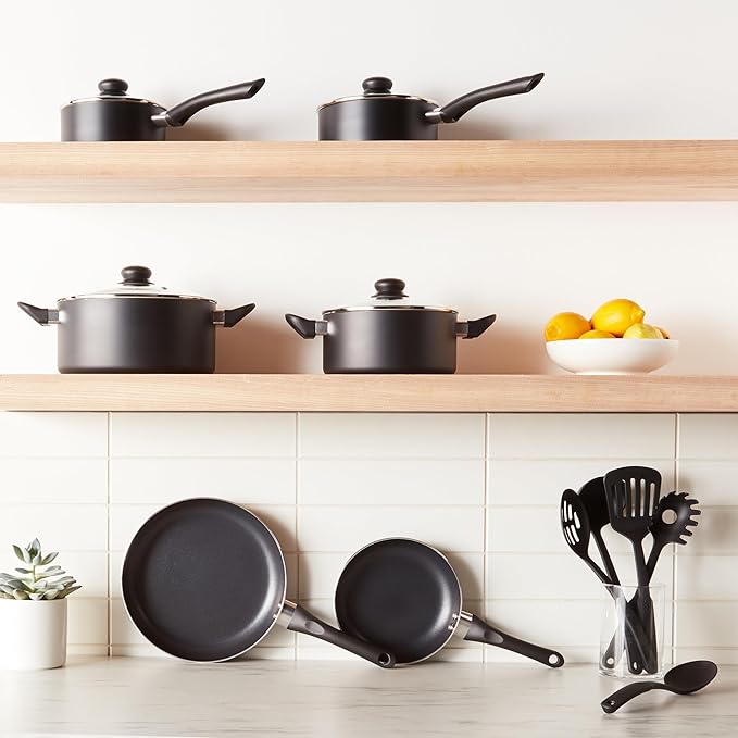 Amazon Basics Non Stick Kitchen Cookware 15-Piece Set, Non-Induction, Includes Pots, Pans, and Utensils, Black - Bloomnest