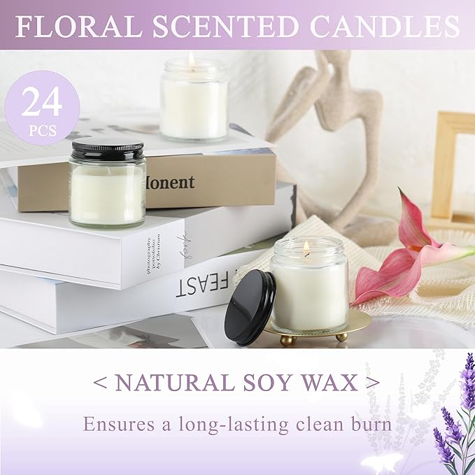ACITHGL 24 Pcs 4oz Mini Mason Jar Candles Small Lavender Scented Candles Bulk Aromatherapy Ideal Souvenir Favors for Wedding Birthday Party (Black, 24) - Bloomnest