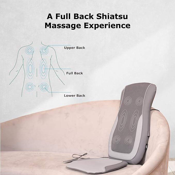 Mynt Gray Back Massager for Chair with Heat for Deep Tissue, Mesh Shiatsu Massage Chair Pad with 4 Deep Kneading Nodes, Heated Back Massage with a Seat Cushion - Bloomnest