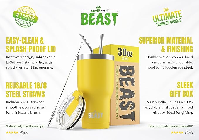 Beast 30 oz Tumbler Stainless Steel Vacuum Insulated Coffee Ice Cup Double Wall Travel Flask (Lemon) - Bloomnest