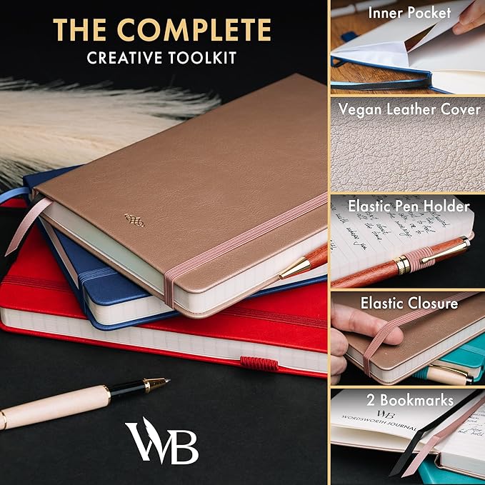 Wordsworth & Black A5 Lined Journal 216 Lined Pages, Hardcover Leather, 120 GSM Paper, Journaling Notebook for Work & Sketching, Journals for Women, Men - Gifts Box Included Blue - Bloomnest