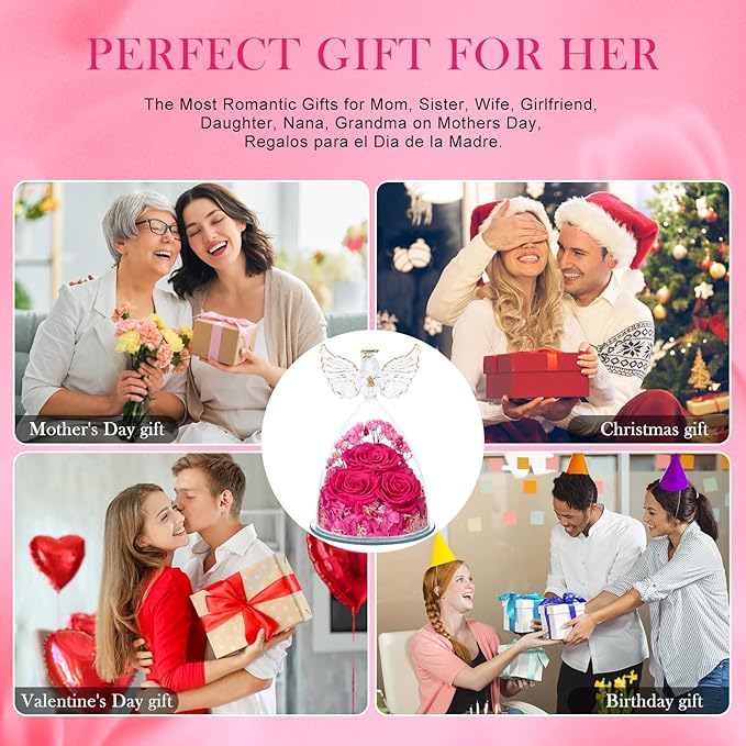 Valentines Day Gifts for Her Women Preserved Flower Rose, Forever Eternal Fresh Flowers in Glass Angel Figurines Flowers for Delivery Prime for Grandma Mom from Daughter Wife Mothers Day Birthday Pink - Bloomnest