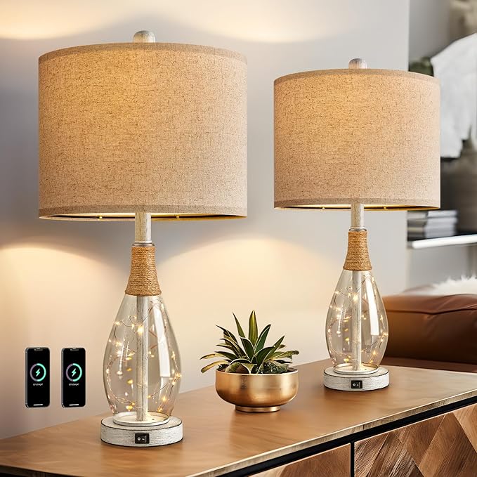 OYEARS 23" Table Lamps for Living Room Set of 2 Bedside Lamps for Night Stands Bedroom Lamps Farmhouse Rattan Boho Lamp Glass Nightlight End Table Lamp with USB C+A (White),Two Light Points - Bloomnest