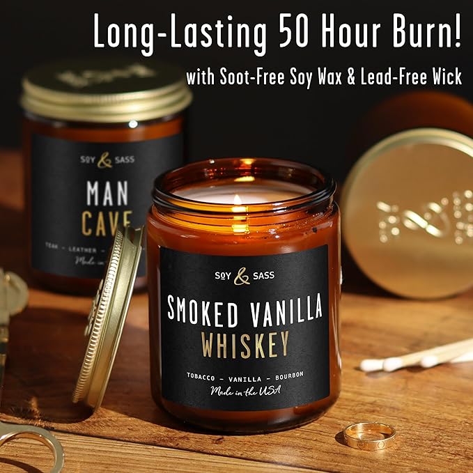 Smoked Vanilla Whiskey Candle - Scented Black Candles for Men or Women - Bourbon, Tobacco & Caramel Soy Wax Mens Candle - Infused w/Essential Oils | Long 50Hr Burn,9oz I Non Toxic I Made in USA - Bloomnest