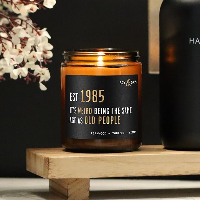 40th Birthday Gifts for Men/Women - 'Weird Being The Same Age as Old People' Soy Candle, w/Teakwood & Tobacco I 40th Birthday Gifts for Men/Women 1985 I 40 Year Old Gift for Men I Made in USA - Bloomnest