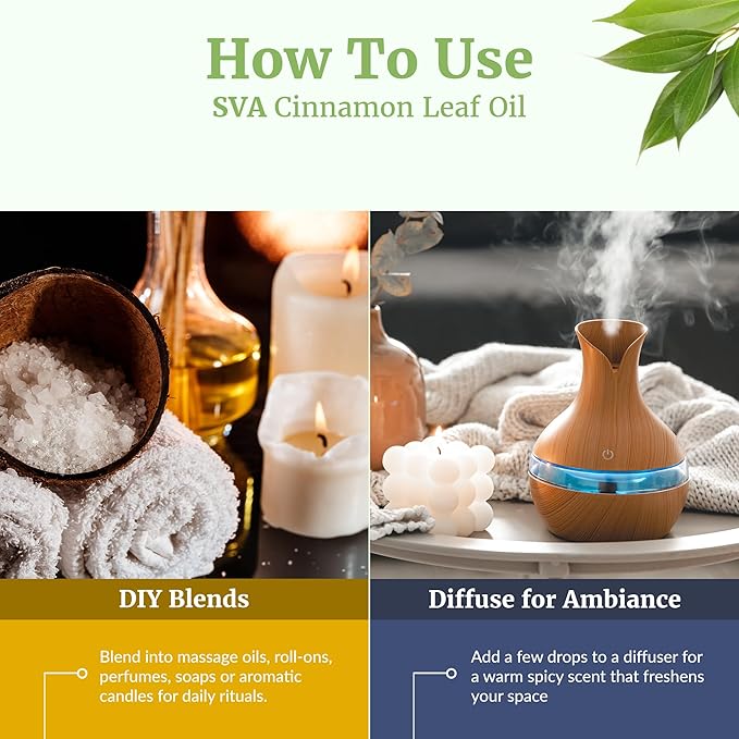SVA Cinnamon Leaf Essential Oil – 4 Fl Oz – 100% Natural Cinnamon Oil - for Diffuser, Hair Care, Face, Skin Care, Aromatherapy, Scalp and Body Massage, Soap and Candle Making – with Dropper - Bloomnest