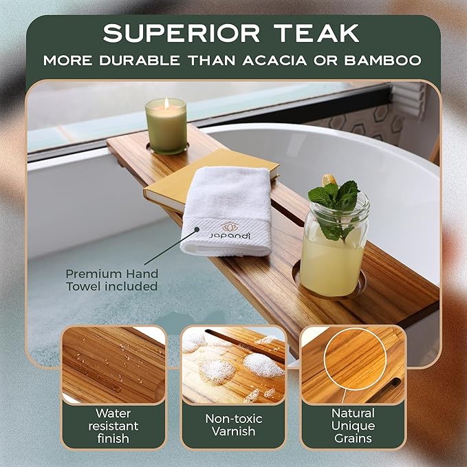 Fjord | Superior Teak Bathtub Tray Wood 29" for Small Tubs | Adjustable Wooden Bathtub Caddy | Sustainable Minimalist Bath Table Tray for Home Spa | by JapandiSpirit - Bloomnest