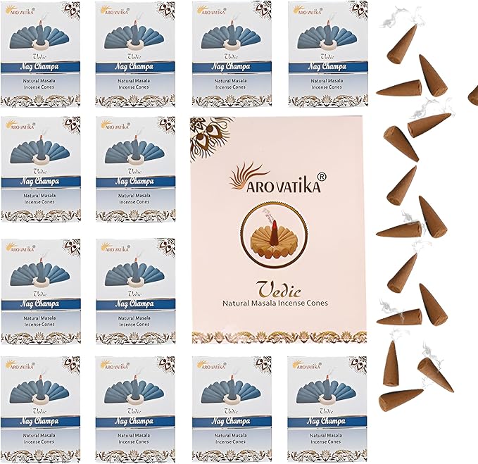 ARO VATIKA Vedic Nag Champa Natural Masala 120 Incense Cones in Pack of 12 Boxes | Environment-Friendly Dhoop | Best for Prayer, Reiki, Meditation & Relaxation | Burn time- 25 mins AROVATIKA