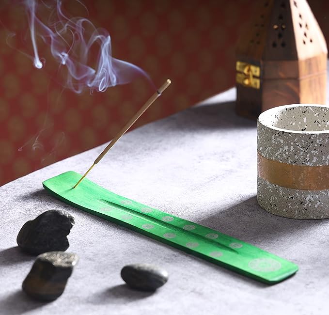 Bless-International Traditional-Handmade-Burner Wooden-Incense-Stick-Holder Ash-Catcher-Stand for-Aromatherapy-Meditation-Yoga (Earth Green) 10 Inches, Pack of 2 - Bloomnest
