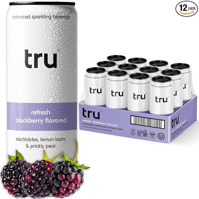 Tru Refresh Seltzer, Sparkling Water with Electrolytes, Prickly Pear, Lemon Balm & Real Blackberry Juice, Sweetened with Monk Fruit & Stevia, Gluten Free, Vegan, Caffeine Free, 12 FL OZ Cans, 12 Pack - Bloomnest