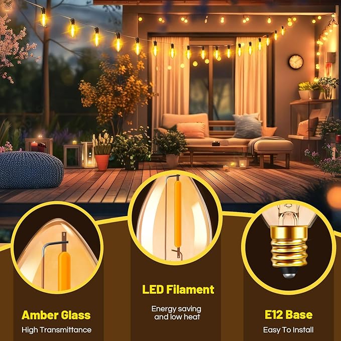 C7 LED Bulb 0.5W Equivalent 5W 7W Candle Bulbs Night Light Bulbs Amber Candelabra Bulb E12 Base Warm White 2200K Small Bulbs for String Light Salt Lamp Chandelier Christmas Decorative (Pack of 5) - Bloomnest