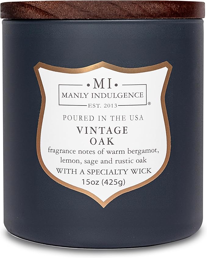 Manly Indulgence Vintage Oak Scented Candles for Men, 15 oz Wooden Wick, Premium Soy Blend Wax, 60H Burn, Candles for Home Scented - Made in The USA - Bloomnest