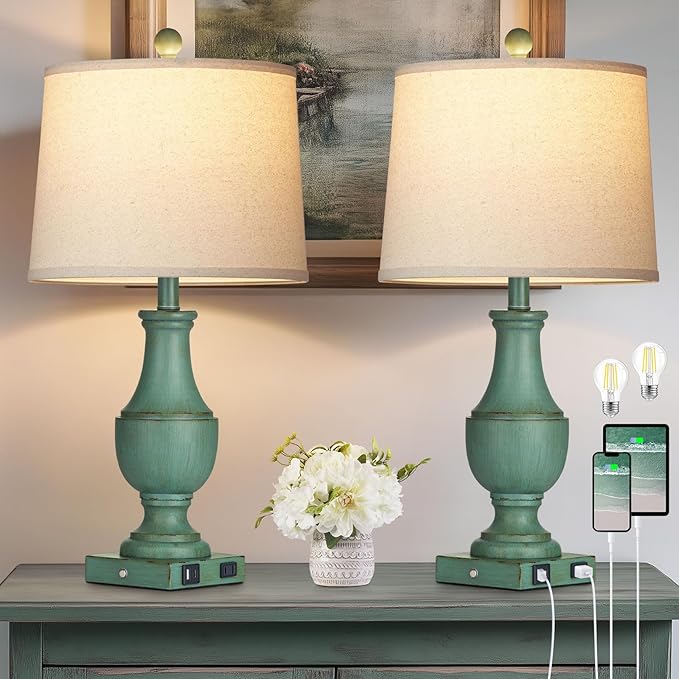Farmhouse Table Lamp Set of 2, Rustic Touch Control 3-Way Dimmable Lamps with USB A+C Charging Ports & AC Outlet, Vintage Retro Antique Bedside Lamp for Living Room Bedrooms Nightstand Green - Bloomnest