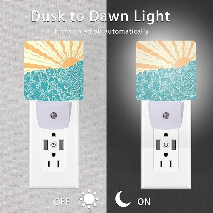 Waves Night Light,Sea Landscape Sun Plug-in Night Lights with Dusk-to-Dawn Sensor for Women/Girls/Boys Gift Sleep Friendly lamp for Bedroom, Bathroom and Living Room,0.5W - Bloomnest