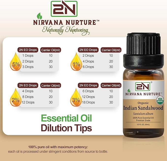 Indian Sandalwood Essential Oil, USDA Certified Organic, 100% Pure Undiluted, Aromatherapy Oil for Diffuser, Hair & Skin Care NirvanaNurture