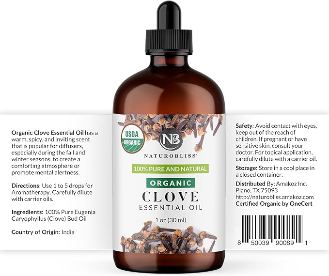 NaturoBliss Organic Clove Essential Oil 1 oz – 100% Pure, Natural, Undiluted for Toothache, Sore Muscles, Skin & Hair Care - Soothing Clove Bud Oil for Aromatherapy, Warm Spicy Aroma NaturoBliss