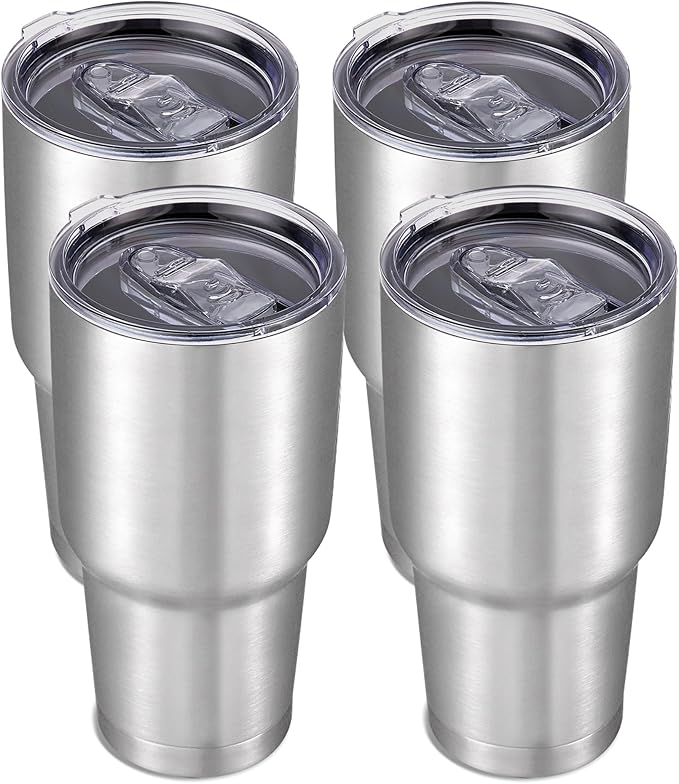 30 oz Tumbler with Lid Stainless Steel Tumblers Bulk Vacuum Insulated Cup Reusable Powder Coated Travel Mug Double Wall Leak Proof Cups Keep Cold Drinks for 12 Hours Stainless, Set of 4
