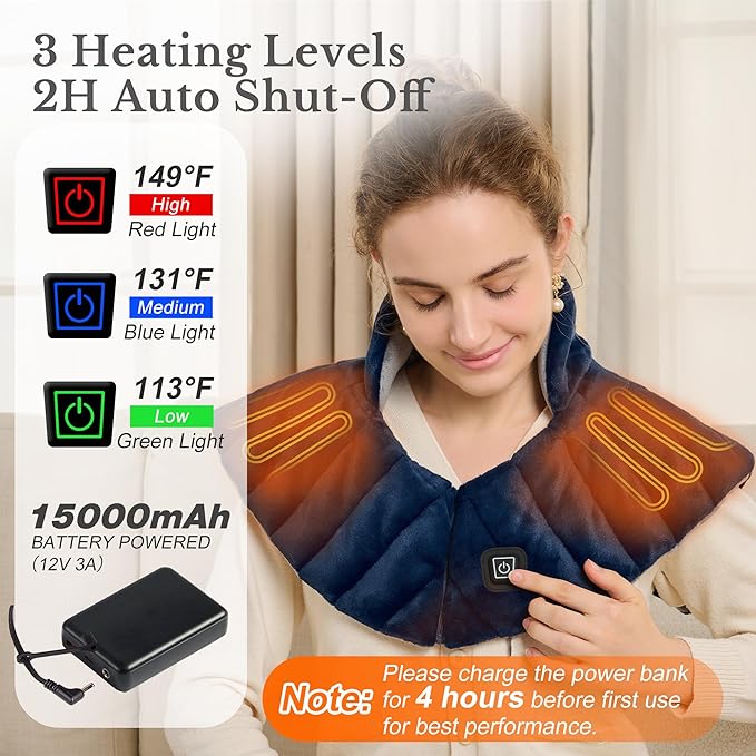 Portable Cordless Heating Pad for Neck, Shoulders & Back - Rechargeable Battery Operated Heating Pad with 3 Heat Settings, Birthday Gift for Women, Weighted Neck Warmer for Pain Relief (Midnight Blue) - Bloomnest
