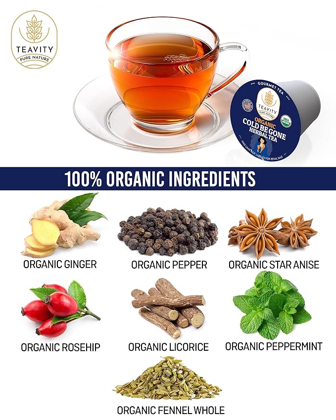 Organic Rooibos Tea Pods for Keurig with Lemon, Mint, Licorice - Unsweetened Decaf Tea for K Cup Brewing - Cold- Be-Gone by Teavity (24 Tea Pods) - Bloomnest