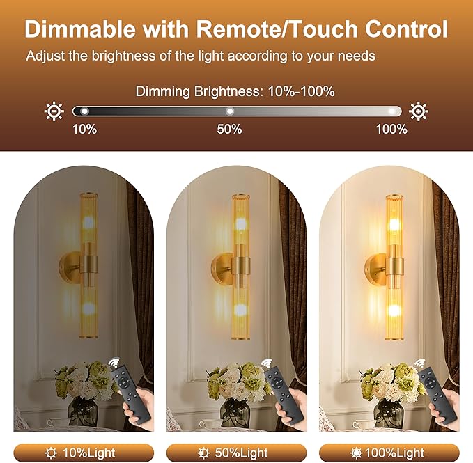 Gold Battery Operated Wall Sconces Set of 2, Rechargeable Wall Lights with Remote Control, 20 Inch Modern Wireless Wall Lamp for Bedroom, Living Room with Amber Shade (Bulbs Included) - Bloomnest