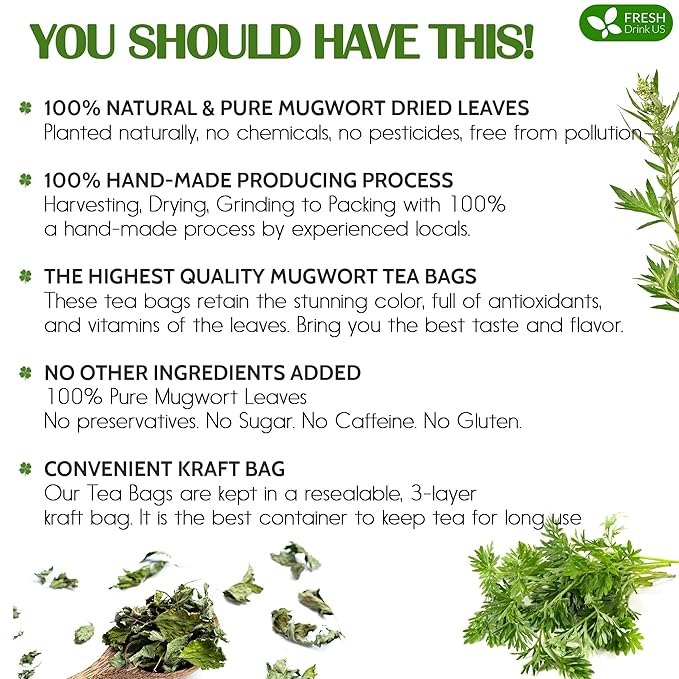 FreshDrinkUS, Premium 90 Mugwort Leaf Tea Bags, 100% Natural and Pure Mugwort Leaves. No Sugar, No Caffeine, No Gluten, Vegan. - Bloomnest