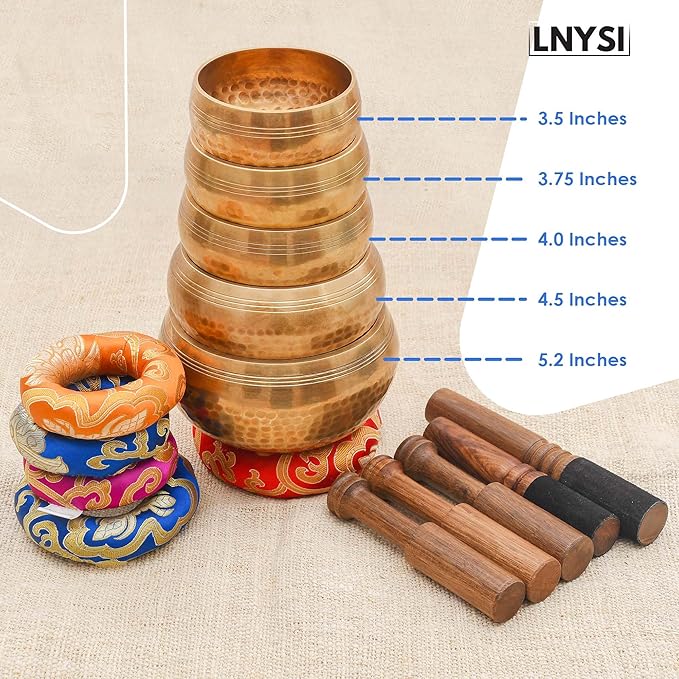 Tibetan Singing Bowl Set - Authentic Cuencos Tibetanos for Sound Healing, Meditation & Chakra Balancing - Includes Cushion, Mallet-Unique Spiritual Gifts for Women and Men (5 Chakra Set) - Bloomnest