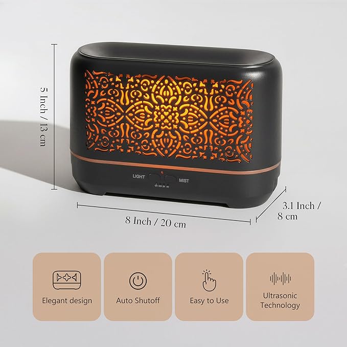 Earnest Living Essential Oil Diffuser Classic Flame Diffuser 200ml Timers Night Lights and Auto Off Function Home Office Humidifier Aromatherapy Diffusers for Essential Oils Black