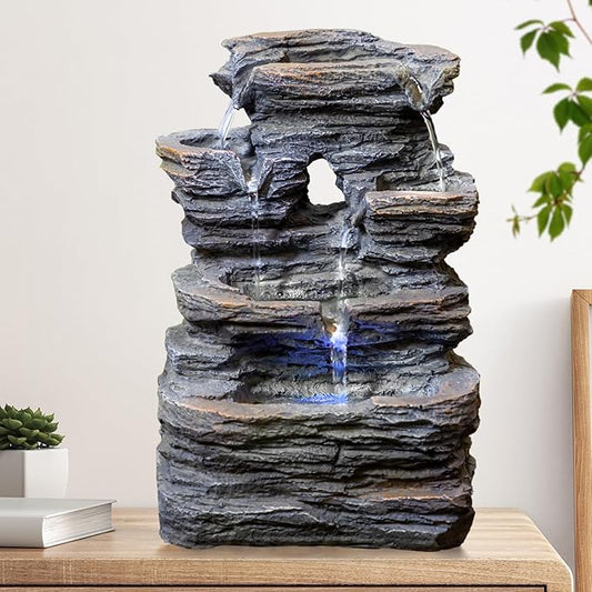 Ferrisland 5-Tier Cascading Tabletop Fountain with LED Lights - Indoor Water Fountain Decor Tabletop Small Relaxation Waterfall Feature Dark Gray - Bloomnest