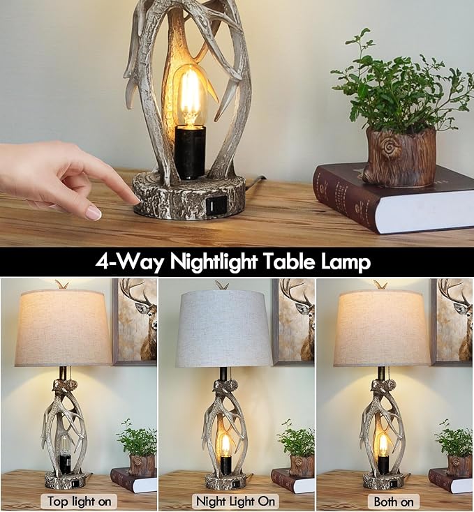 28" Touch Rustic Antler Table Lamps Set of 2 for Bedroom, 3 Way Dimmable Farmhouse Nightstand Lamps with USB + Type C Ports for Living Room End Table Cabin Decor (Included 4 Bulbs) - Bloomnest