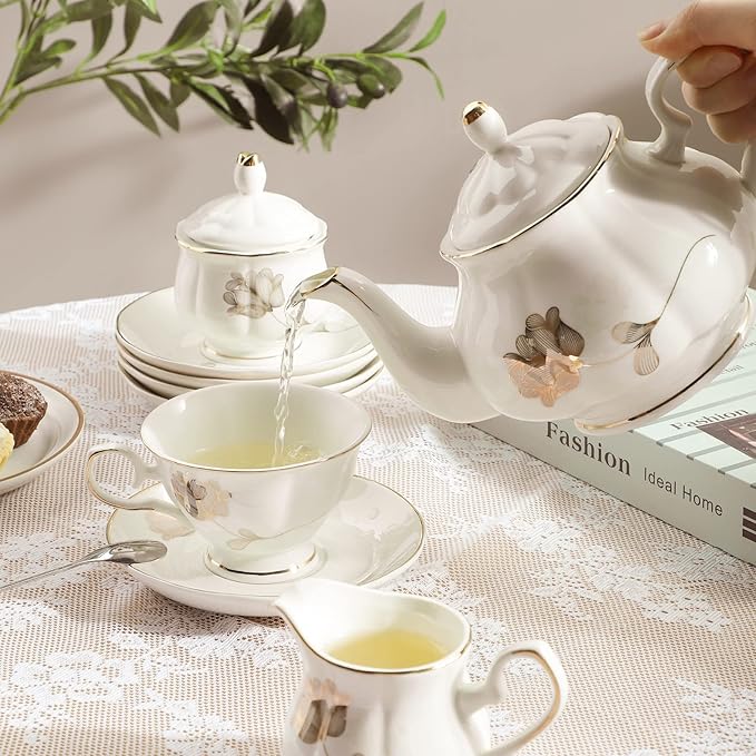 CHENP.HMC Porcelain Ceramic 22-Piece Tea Set, Teapot and Cup Set, 30.7 Ounces, for 6, Gift Sets, Tea or Coffee Lovers, Wedding, Birthday - Bloomnest