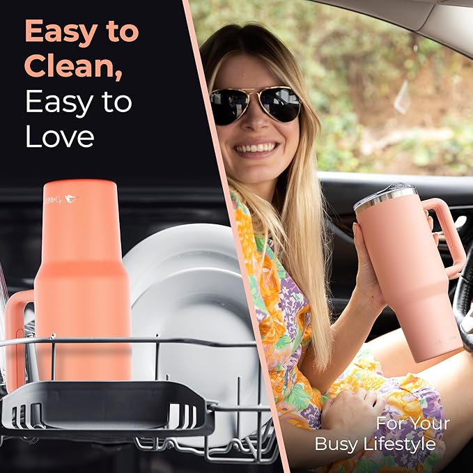 40 oz Tumbler With Handle and Straw Made of Stainless Steel - Double Wall Vacuum Insulated Tumbler With Lid - Sweat Proof Easy Grip, BPA-Free, Dishwasher Safe Tumbler (Peach) - Bloomnest