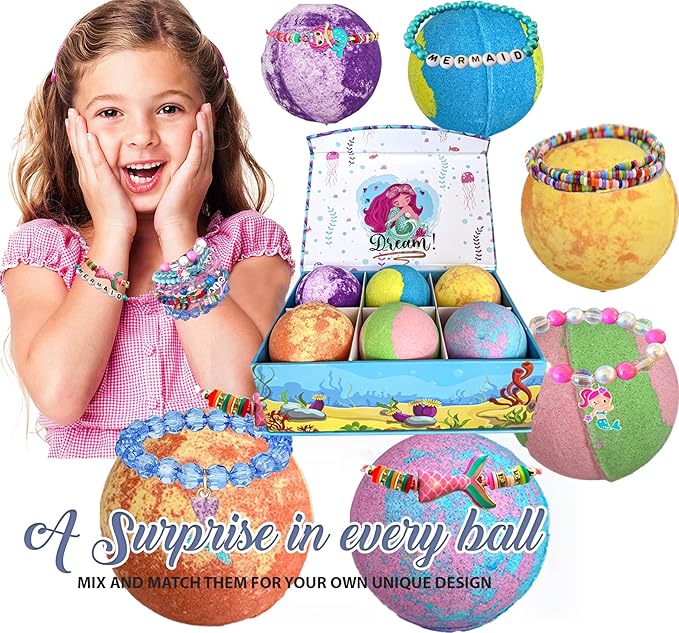 Bath Bombs for Kids with Surprise Inside, Mermaid Bath Bombs for Girls with Jewelry & Jewelry Box for Kids Organic, Skin Moisturizing, Natural Bubble, Stocking Stuffers Christmas Gifts for Boy, Girls - Bloomnest