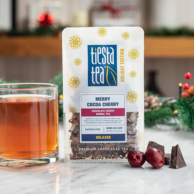 Tiesta Tea Merry Cocoa Cherry Premium Loose Leaf Tea, Chocolate Cherry Herbal Blend, Caffeine Free, Hot or Iced, Brew Up to 25 Cups, Holiday Edition, Gift, Resealable Bulk Pouch, 2 Ounce - Bloomnest
