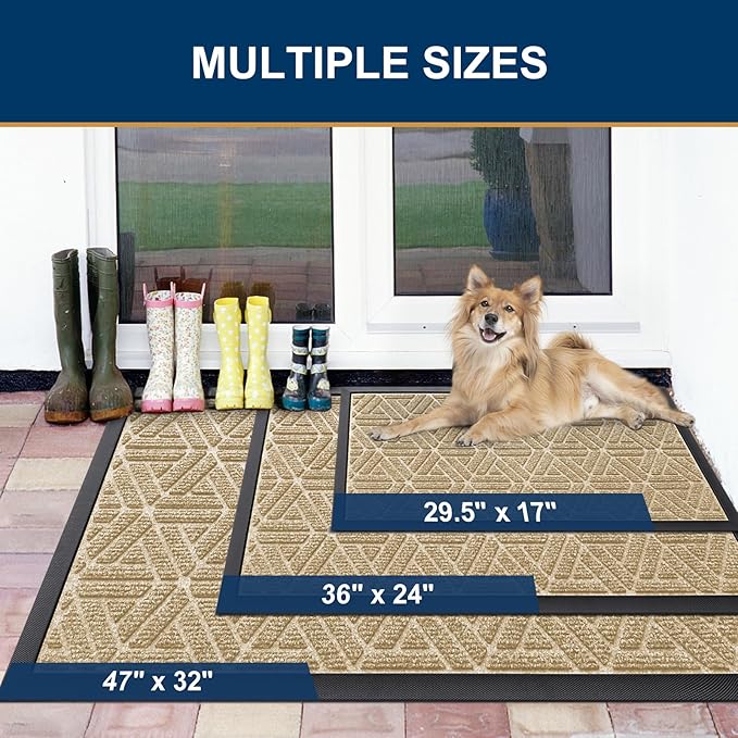 Smiry Front Door Mat Outside Entrance, Heavy Duty Sturdy Natural Rubber Doormat, Trap Dirt and Moisture, Easy Clean Low Profile Mats for Indoor Outdoor Entry, Grid Geometric (29.5x17, Beige) - Bloomnest