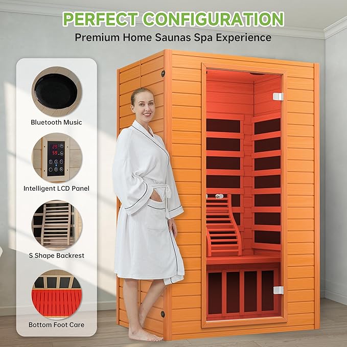 Real Relax Infrared Sauna, 2 Person Low EMF FAR Infrared Saunas for Home, Indoor Personal Canadian Hemlock Wood Sauna with 9 Chromo Therapy Lights, Bluetooth Speakers for Home & Gym Spa RealRelax