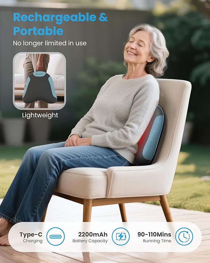 Cordless Back Massager for Pain Relief Deep Tissue, Shiatsu Back Massager with Heat, 3D Knead Shoulder Neck Massager, Rechargeable Seat Massager for Chair,Car, Office, Home, Gifts/Presents