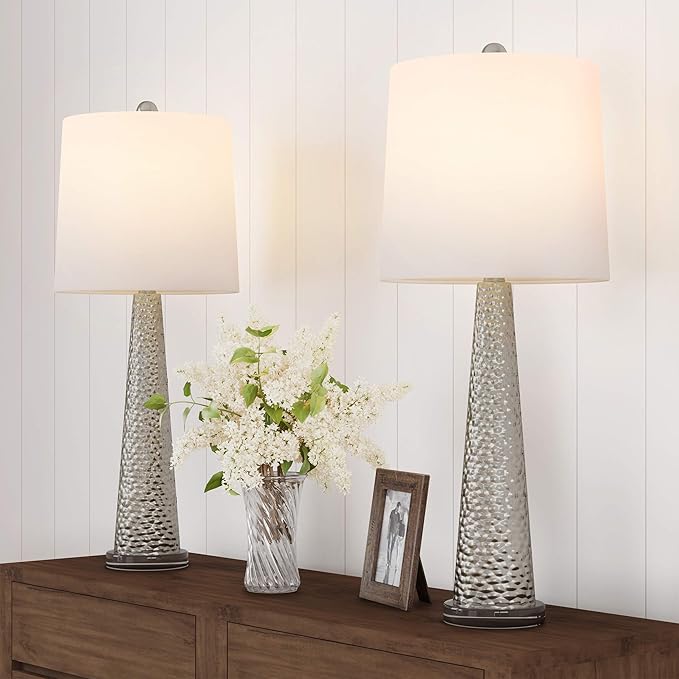 Table Lamps - Set of 2 Contemporary Hammered Glass Lights for Bedroom, Living Room, and Office with Energy-Efficient LED Bulbs by Lavish Home (Silver) - Bloomnest