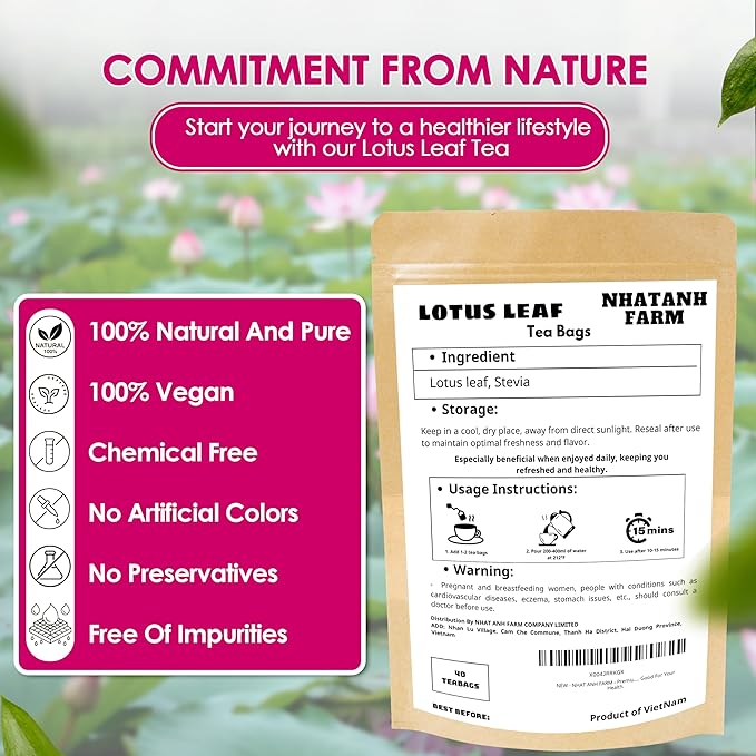 NHAT ANH FARM - Premium Lotus Leaf Tea Bags, 40 Teabags, 100% Natural, Hand-Selected Lotus Leaf Tea Bags, No Additives, Sugar-Free,Caffeine-Free. Good For Your Health. - Bloomnest