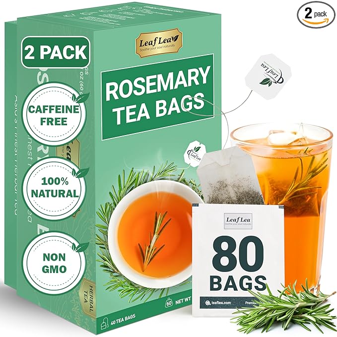 LeafLea 80 Rosemary Leaf Tea Bags, 100% Pure Rosemary Herbal Tea, Gentle Digestive Comfort & Relaxing, Te De Romero Featuring Subtle, Natural Flavor, Caffeine-Free, Sugar-Free, Non-GMO, Vegan - Bloomnest