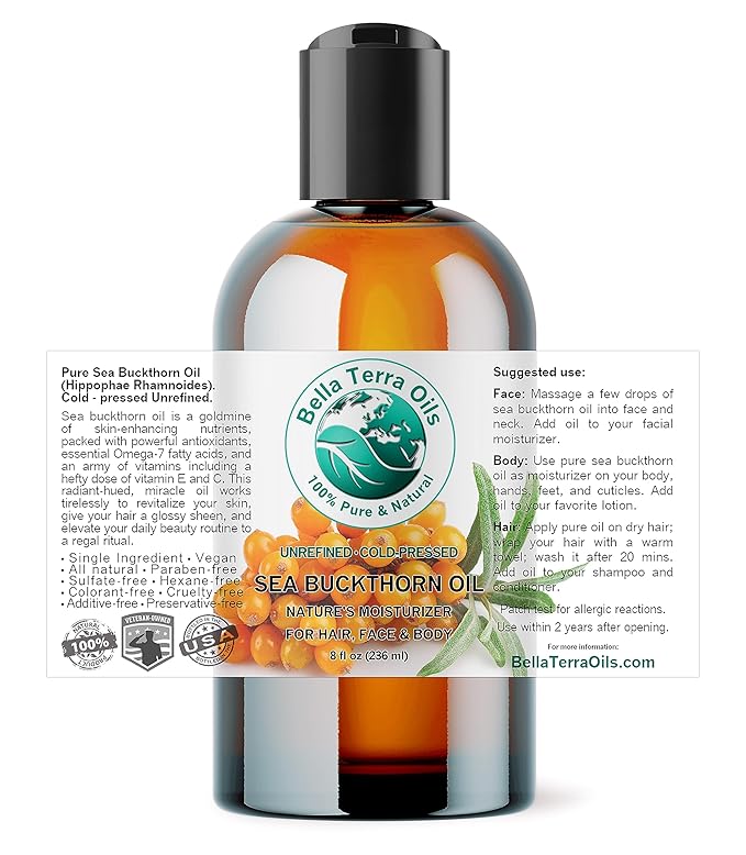 Bella Terra Oils - Sea Buckthorn Oil 8 oz - The Ultimate Elixir from Nature's Bounty, Rich in Flavonoids & Essential Fatty Acids, Gilded Luxe for Your Face - Bloomnest