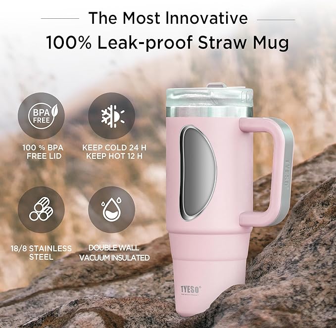 Tyeso 40 oz Tumbler with Handle, Straw and Lid - Leak Resistant Insulated Stainless Steel Water Bottle, Car Cup Holder Friendly Travel Coffee Mug Pink - Gifts for Men & Women - Bloomnest