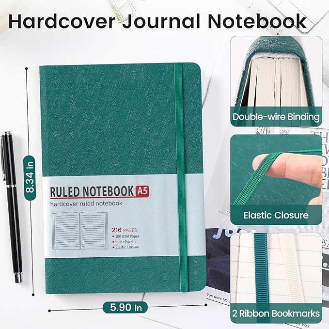 Lined Journal Notebook for Women Men 216 Pages A5 Hardcover Journals for Writing Daily Journaling Notebook for Work, School, Note Taking, Business, Travel Dark Green - Bloomnest