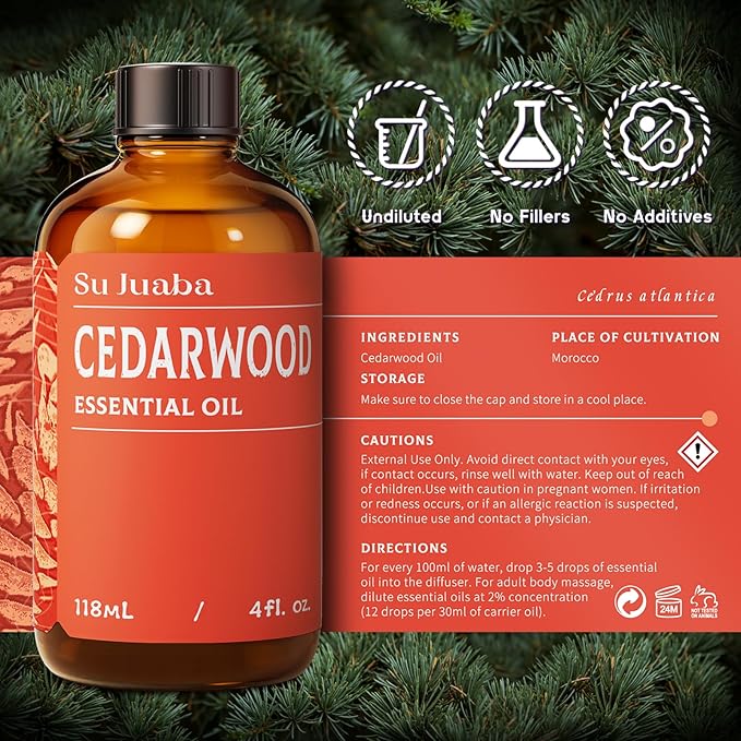 SU JUABA Cedarwood Essential Oil 4 Oz, 100% Pure Natural Aromatherapy Oil for Hair, Massage, Relaxation & Skin Care - 118ML